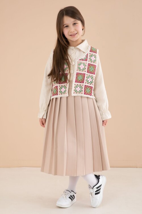 Kahverengi Çiçek Desen Örgü Süveterli Gömlekli Kız Çocuk Etekli 3lü Takım  23583