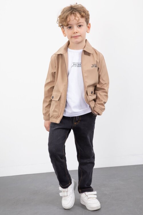 Kahverengi Çıtçıt Cepli Ceketli Jean Pantolonlu Erkek Çocuk 3lü Takım 23384