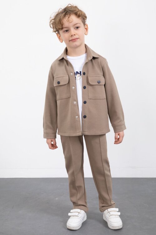 Kahverengi Çıtçıtlı Gömlekli Erkek Çocuk 3lü Tişörtlü Takım  23382
