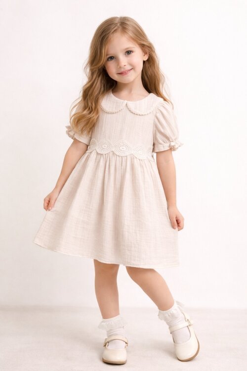 Kahverengi Dantel İşlemeli Kuşaklı Kız Çocuk Müslin Elbise  22660