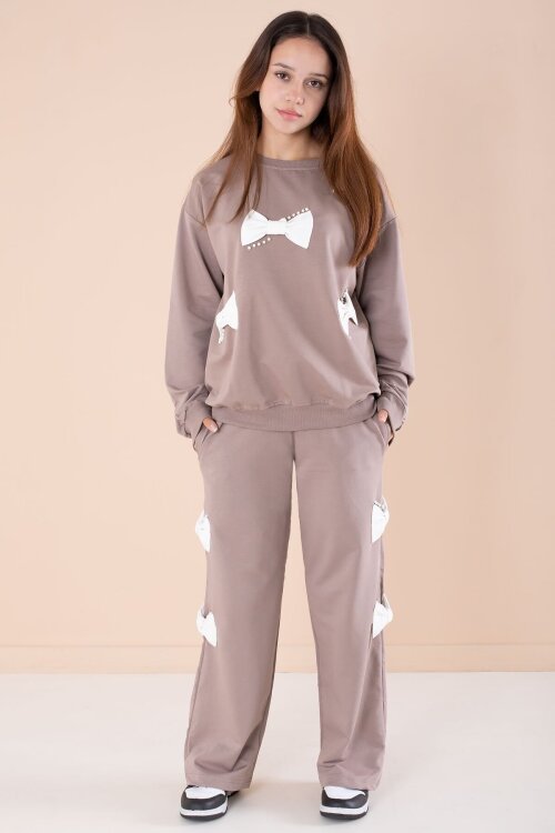 Kahverengi Fiyonklu İnci Detaylı Kız Çocuk Bisiklet Yaka 2li Eşofman Takımı 21202