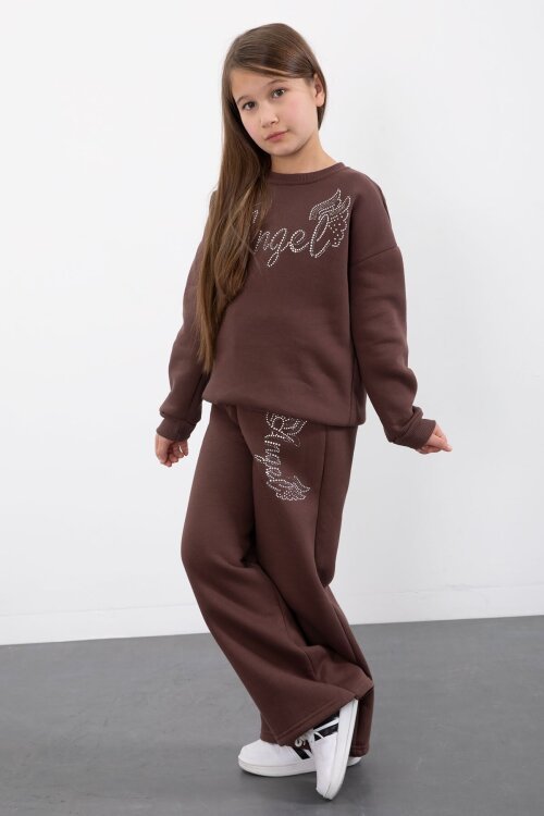 Kahverengi Kanatlı Angel Yazılı Kız Çocuk Şardonlu Eşofman Takımı 23346