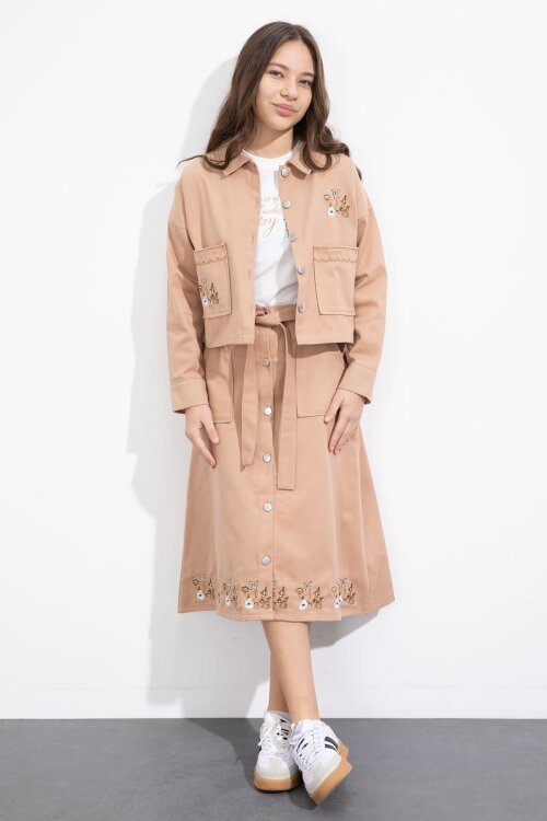 Kahverengi Nakış Detaylı Jean Ceketli Kuşaklı Etekli Kız Çocuk 3lü Takım  23503