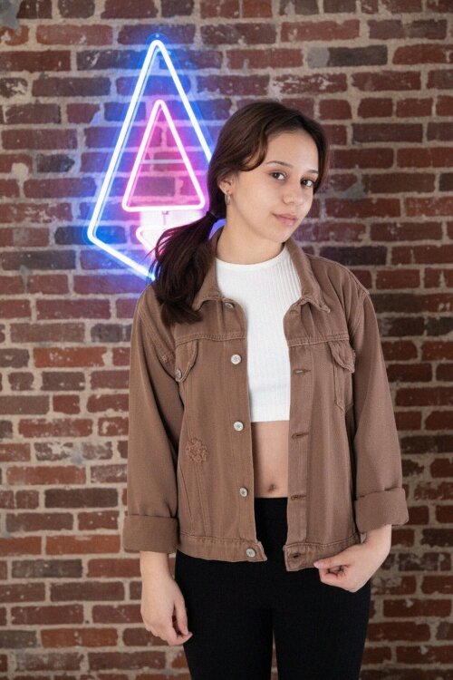 Kahverengi Ön Cepli Nakış Detaylı Kız Çocuk Jean Ceket 20360