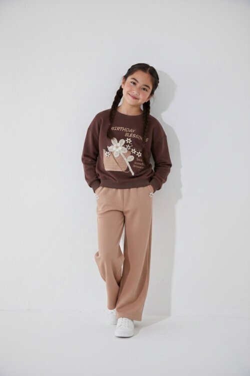 Kahverengi Papatya Nakış Detaylı Jean Pantolonlu Kız Çocuk 2li Takım 23514