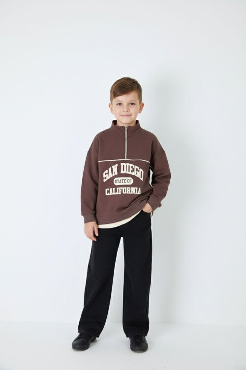 Kahverengi Yazı Baskılı Yarım Fermuar Sweatshirt ve Pantolonlu Erkek Takım  23510