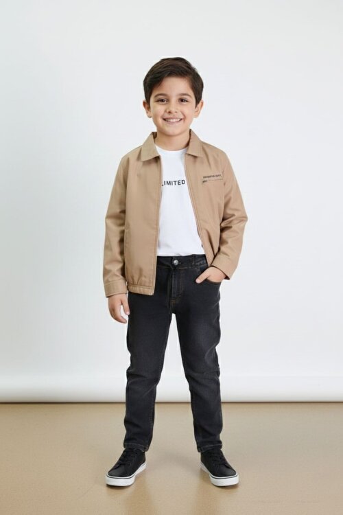 Kahverengi Yazılı Ceketli Jean Pantolonlu Erkek Çocuk 3lü Takım 23375