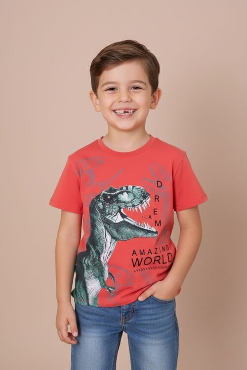 Kiremit Dinozor Baskılı Bisiklet Yaka Erkek Bebek Tişört 20953