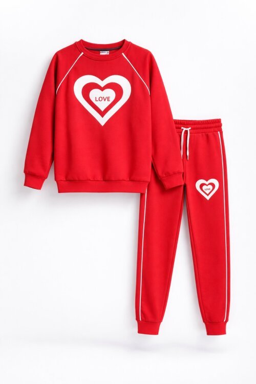 Kırmızı Kalp Desenli Kız Çocuk Şeritli Eşofman Takımı 23345