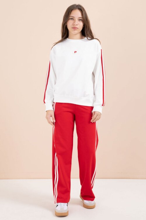 Kırmızı Şerit Detaylı Geniş Paça Nakışlı Kız Oversize Eşofman Takımı 23454