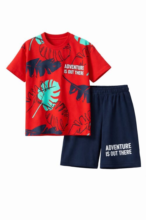 Kırmızı Yaprak Baskılı Bisiklet Yaka Erkek Çocuk 2li Şortlu Takım 21060