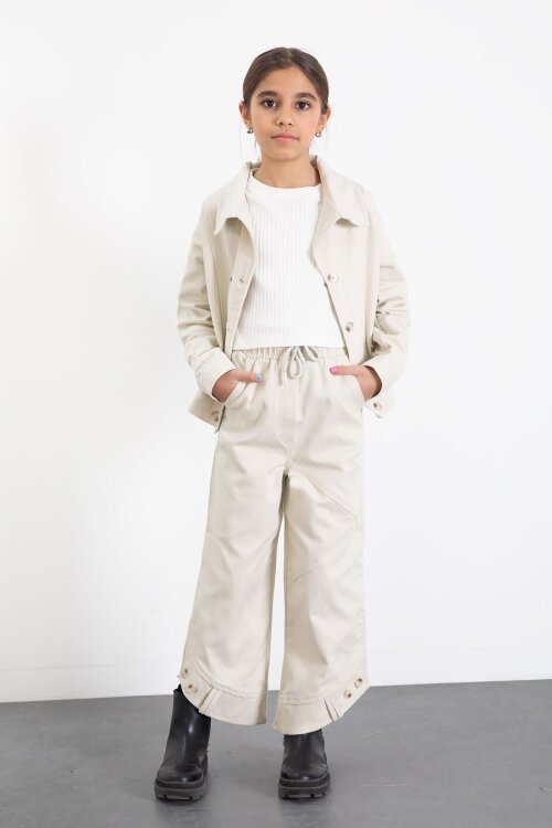 Krem Çift Düğme Detay Gömlekli Pantolonlu Kız Çocuk Gabardin Takım 23541