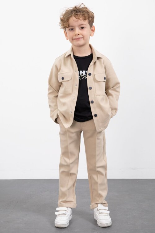 Krem Çıtçıtlı Gömlekli Erkek Çocuk 3lü Tişörtlü Takım  23380