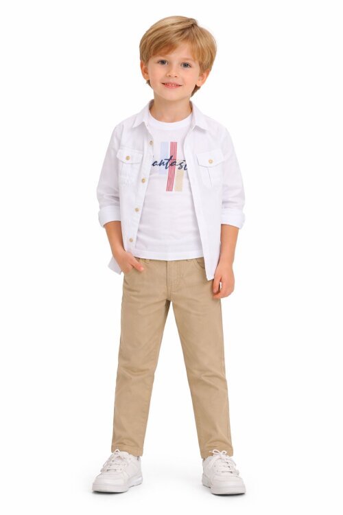 Krem Keten Pantolonlu Düğmeli Gömlekli Erkek Çocuk 3lü Takım 23765