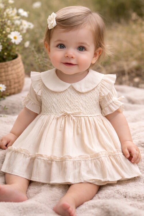 Krem Kolları Fırfırlı Dantel İşlemeli Kız Bebek Elbise  22665