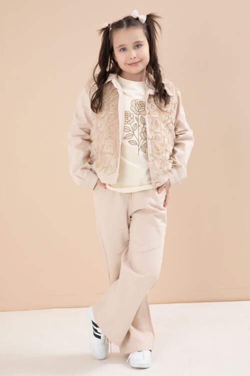 Krem Önü Gül İşlemeli Ceketli Kız Çocuk Pantolonlu 3lü Alt Üst Takım 23606