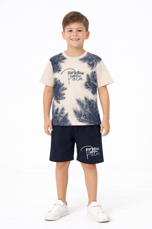 Krem Paradise Yazılı Erkek Çocuk Şortlu 2li Takım 20641