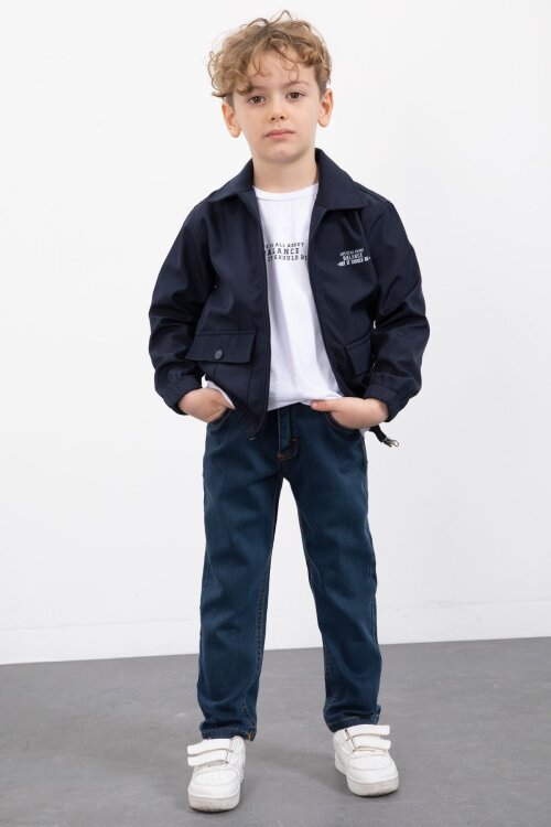 Lacivert Çıtçıt Cepli Ceketli Jean Pantolonlu Erkek Çocuk 3lü Takım 23383