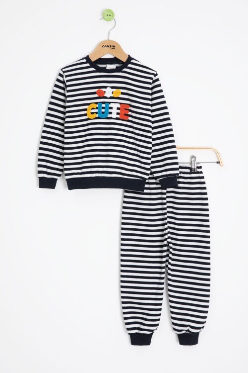 Lacivert Erkek Çocuk Cute Nakışlı Çizgili Şardonlu Eşofman Takımı 23310