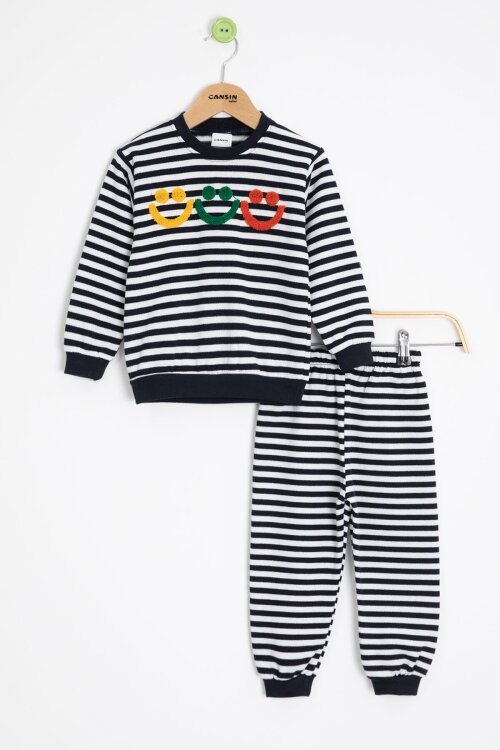 Lacivert Erkek Çocuk Gülenyüz Nakışlı Çizgili Şardonlu Takım 23320