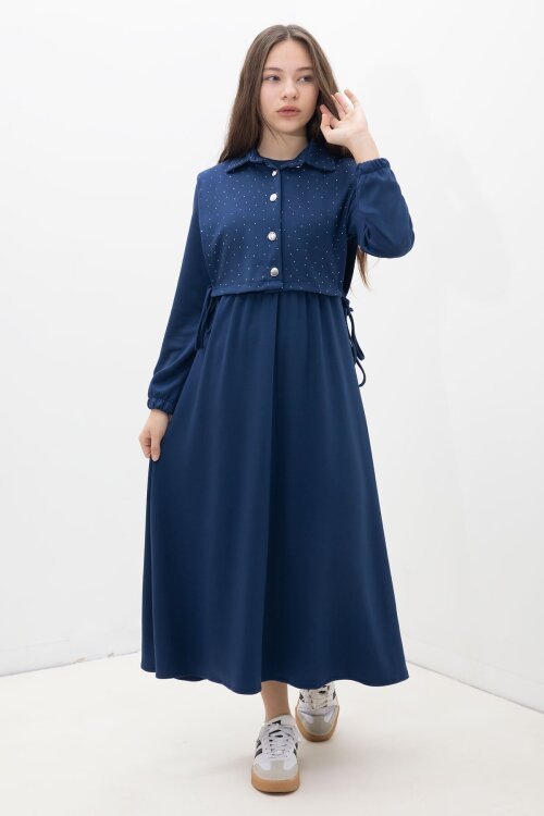 Lacivert Taşlı Bağlamalı Yelekli Kız Çocuk Uzun Kol Elbise Takımı  23638