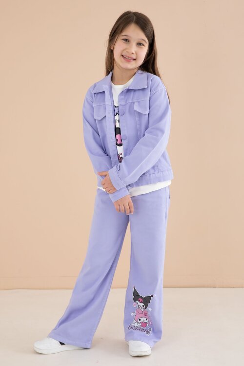 Lila Cep Detaylı Ceketli Baskılı Tişörtlü Kız Çocuk 3lü Pantolonlu Takım 23590