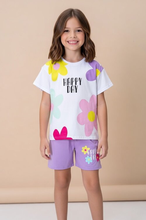 Lila Renkli Çiçek Baskılı Tişörtlü ve Şortlu Kız Çocuk 2li Takım 21063