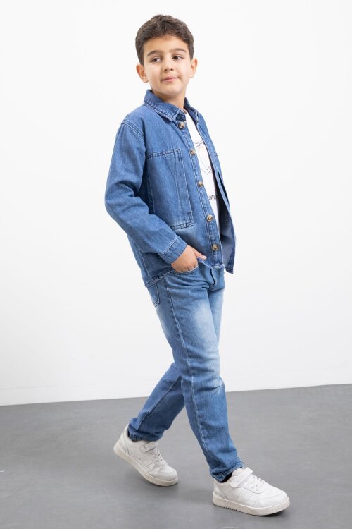 Mavi Armalı Jean Gömlekli Erkek Çocuk Pantolonlu 3lü Jean Takım  23469