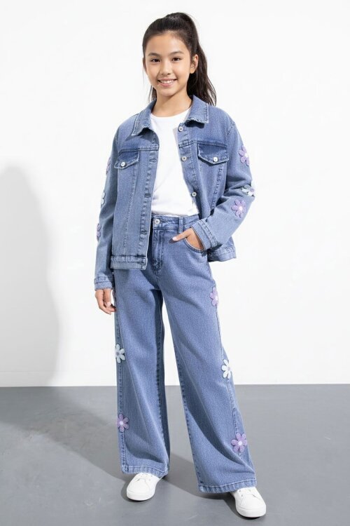 Mavi Çiçek Desenli Düğmeli Ceketli Pantolonlu Kız Çocuk Jean Takım 23485