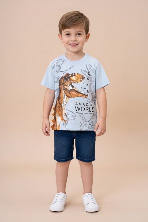 Mavi Dinozor Baskılı Bisiklet Yaka Erkek Bebek Tişört 20950
