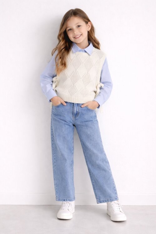 Mavi Düğmeli Gömlekli Jean Pantolonlu Kız Çocuk Triko Süveterli 3lü Takım 23534