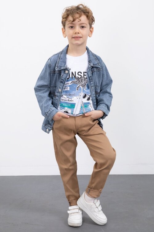 Mavi Fermuar Cepli Jean Ceketli Erkek Çocuk Pantolonlu 3lü Takım 20019