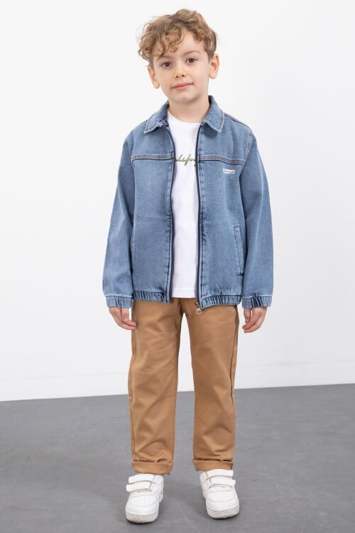 Mavi Fermuarlı Jean Ceketli Pantolonlu 3lü Erkek Çocuk Takım 20140