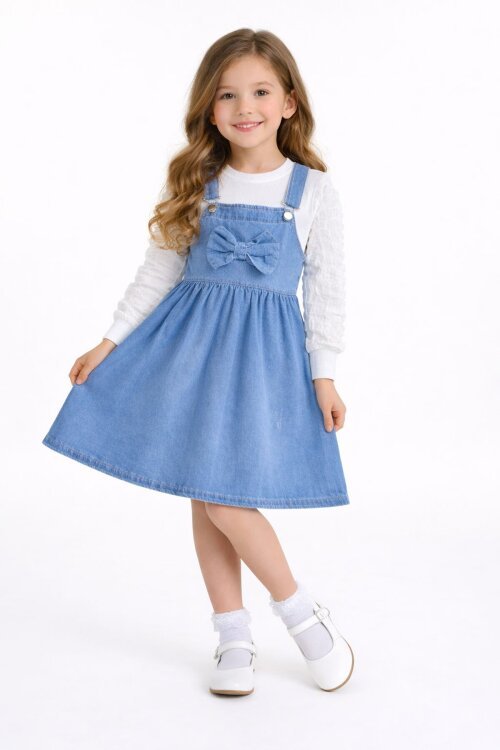 Mavi Fiyonklu Salopetli ve Kol Detaylı Badili Kız Çocuk 2li Takım 20510