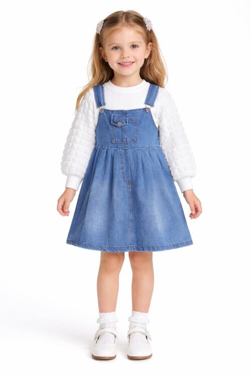 Mavi Göğüs Cepli Salopetli ve Kol Detaylı Badili Kız Çocuk 2li Takım 20511