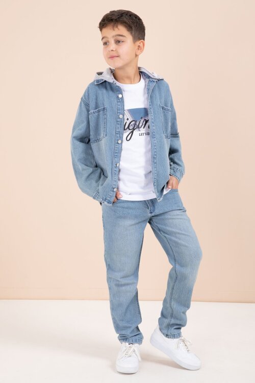 Mavi Kapüşonlu Ceketli Pantolonlu Erkek Çocuk 3lü Jean Takım  23624