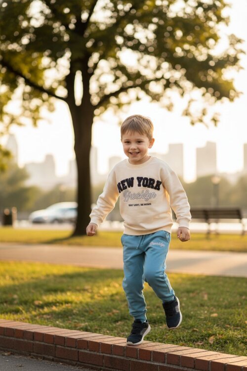 Mavi New York Yazılı Erkek Çocuk Bisiklet Yaka Eşofman Takımı 23394