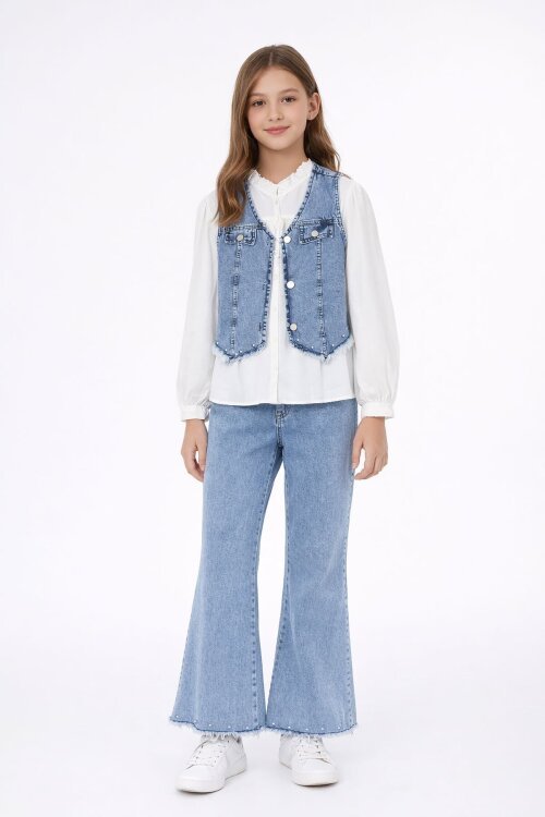 Mavi Püsküllü Jean Yelekli Fularlı Gömlekli Kız Çocuk 3lü Pantolonlu Takım 23767