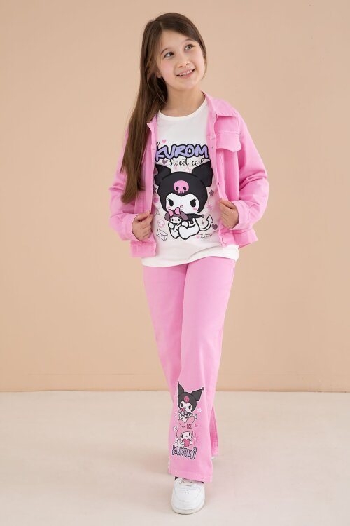 Pembe Cep Detaylı Ceketli Baskılı Tişörtlü Kız Çocuk 3lü Pantolonlu Takım 23589