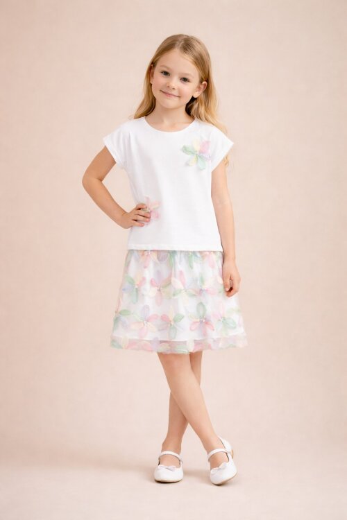 Pembe Çiçek İşlemeli Tüllü Etekli Kısa Kol Bluzlu Kız Çocuk 2li Takım 21046