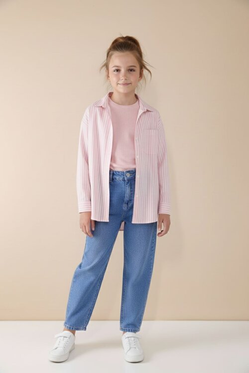 Pembe Çizgili Gömlekli Badili Kız Çocuk Pantolonlu 3lü Takım  23507