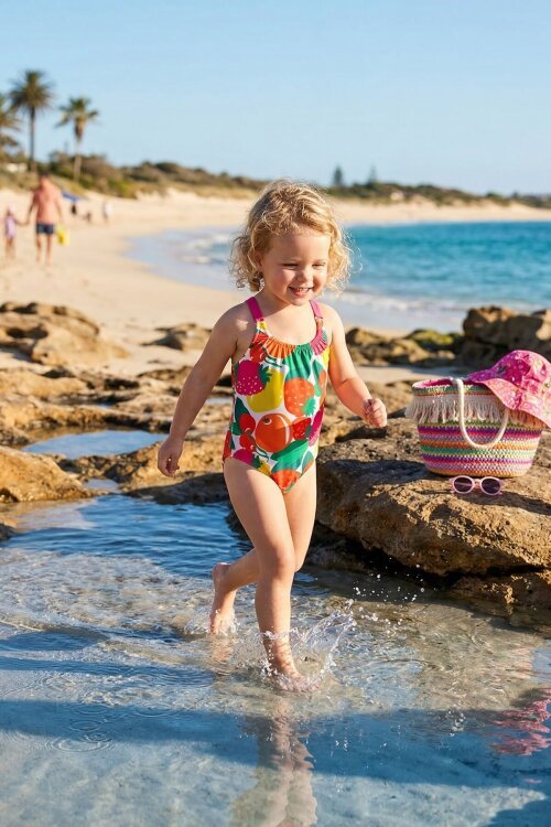 Pembe İp Askılı Meyve Desenli Kız Çocuk Mayo 21071