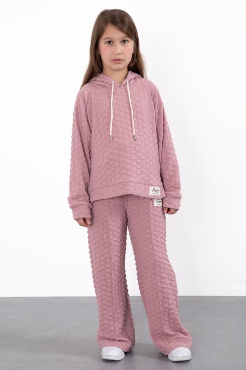 Pembe Kız Çocuk Dokulu Geniş Paça Kapüşonlu Eşofman Takımı 23302