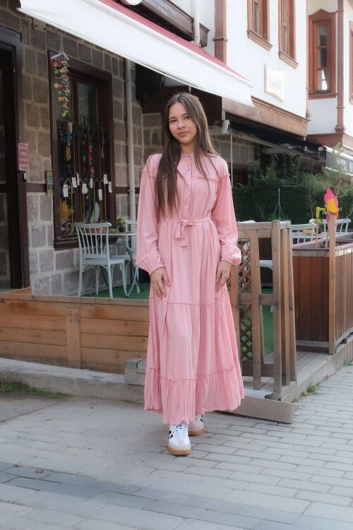 Pembe Kolları Büzgülü Kuşaklı Kız Çocuk Uzun Elbise  23399