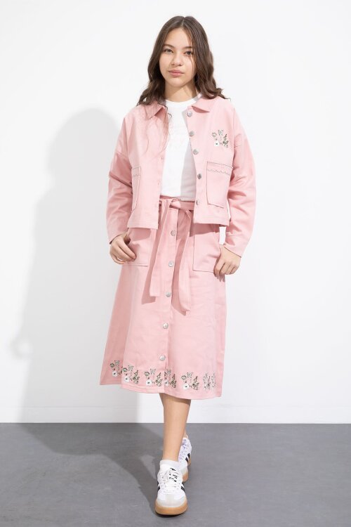 Pembe Nakış Detaylı Jean Ceketli Kuşaklı Etekli Kız Çocuk 3lü Takım  23502