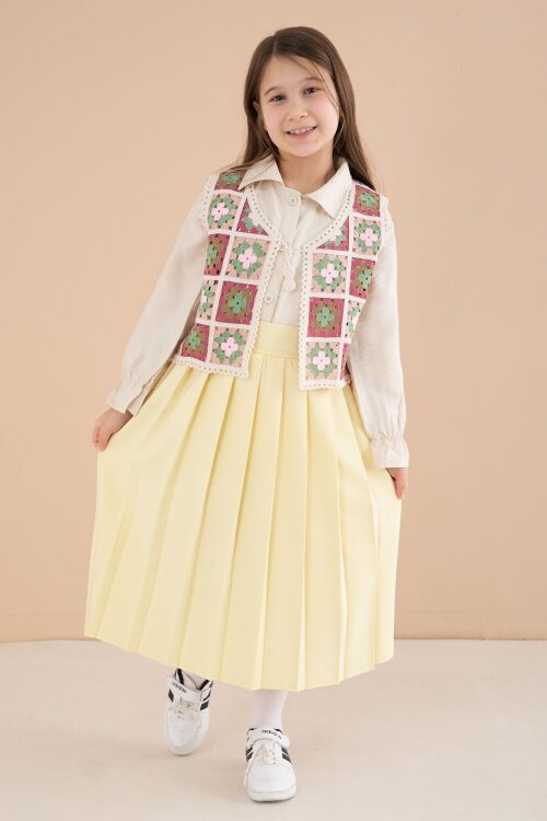 Sarı Çiçek Desen Örgü Süveterli Gömlekli Kız Çocuk Etekli 3lü Takım  23582
