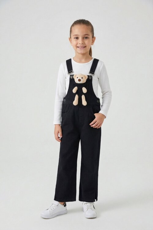 Siyah Ayıcık Cepli Yırtmaçlı Kız Çocuk Salopet Tulum 17715