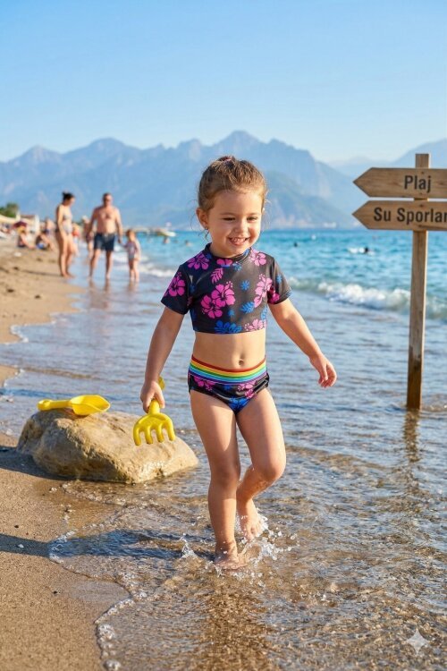 Siyah Çiçek Desenli Gökkuşağı Şeritli Kız Çocuk 2li Mayo Takımı 21112