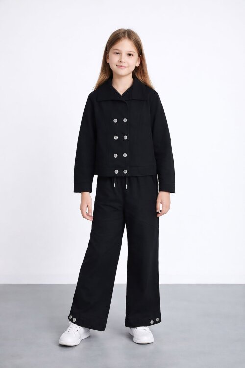 Siyah Çift Düğme Detay Gömlekli Pantolonlu Kız Çocuk Gabardin Takım 23539