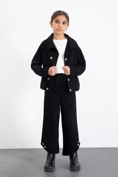 Siyah Çift Düğme Detay Gömlekli Pantolonlu Kız Çocuk Gabardin Takım 23539